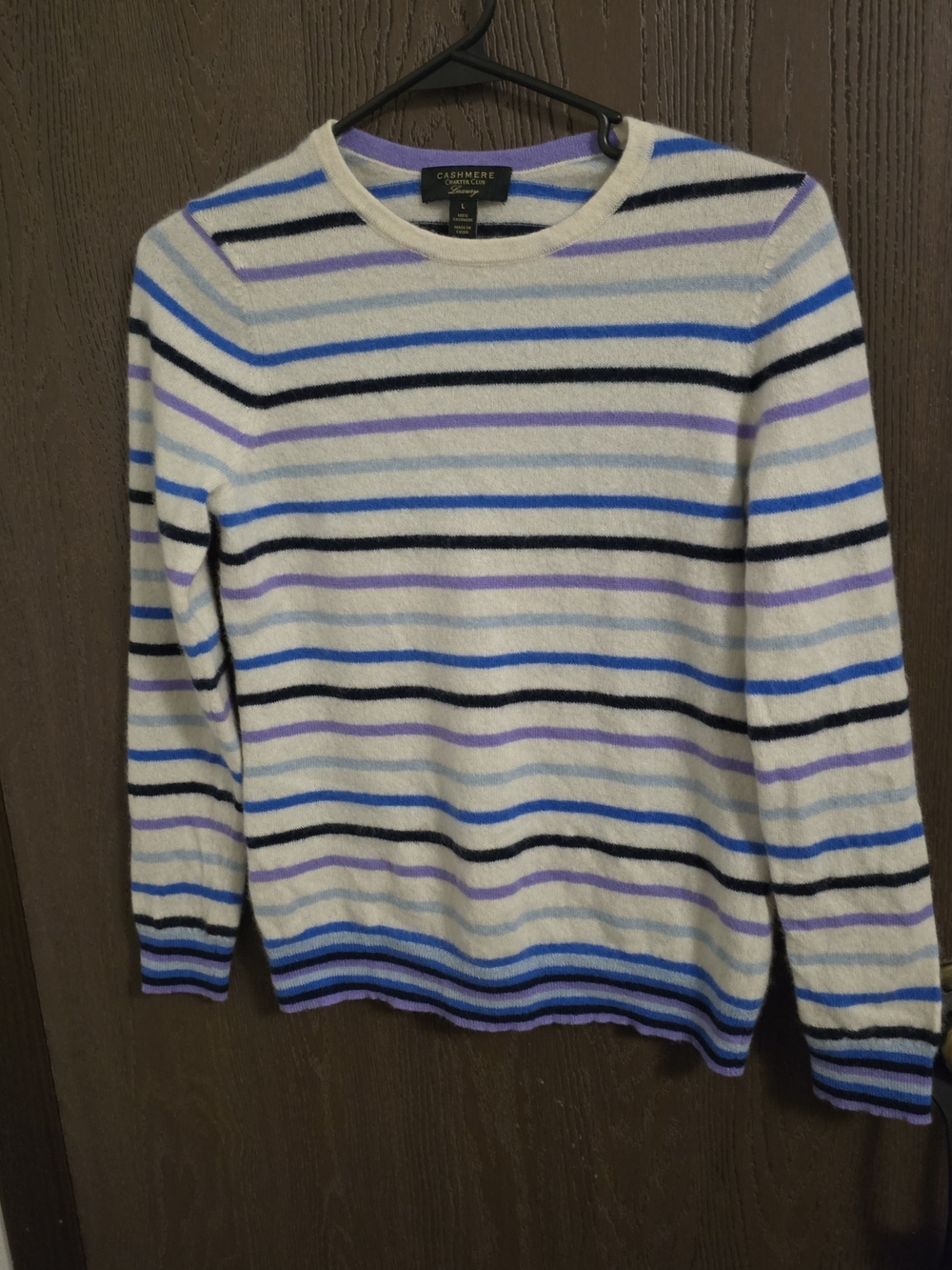 Charter Club White Crewneck Sweater with Blue, Black & Purple Stripes